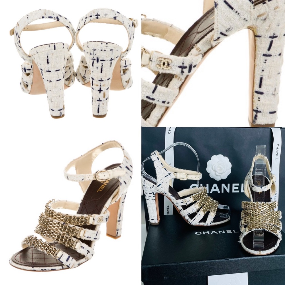 COPY - Chanel cc logos tweed gold chain strappy sandals size 38.5 - Picture 2 of 14